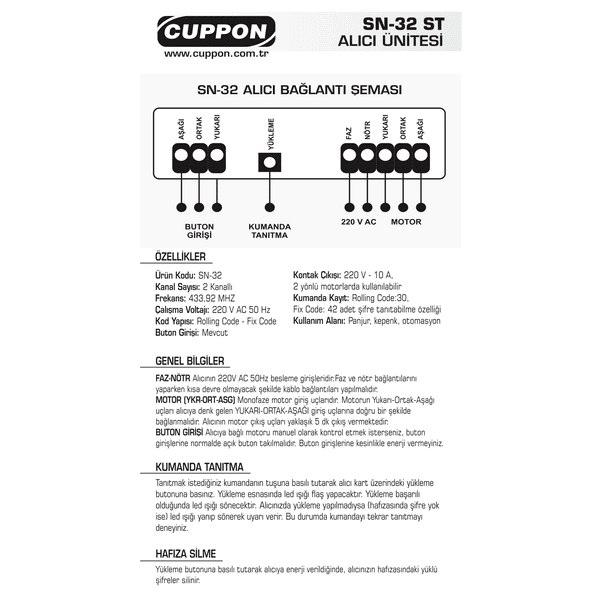 Cuppon SN32 Kepenk Alıcısı Kart Takımı (Kumandalı Kit)