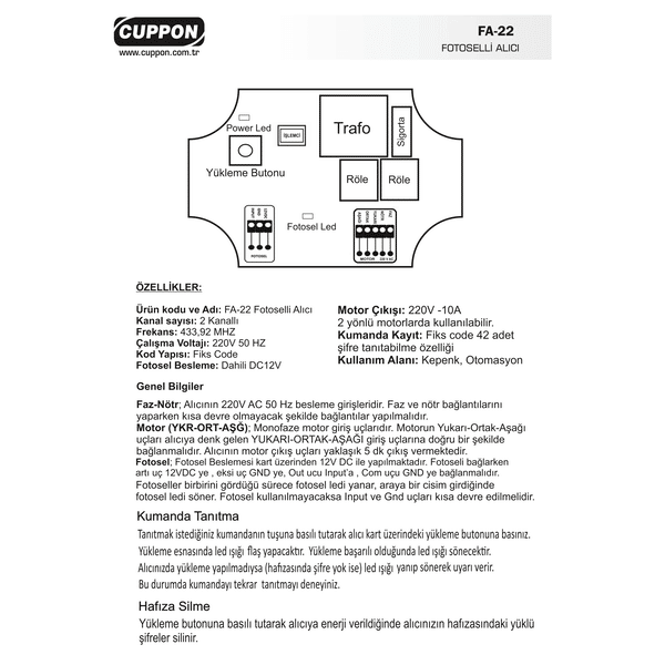 Cuppon FA-22 Fotoselli Kepenk Alıcı Kart