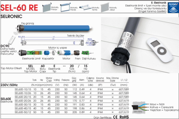 Mosel Sel 60 RE 20 NM Radyo Alıcılı Tüp Motor